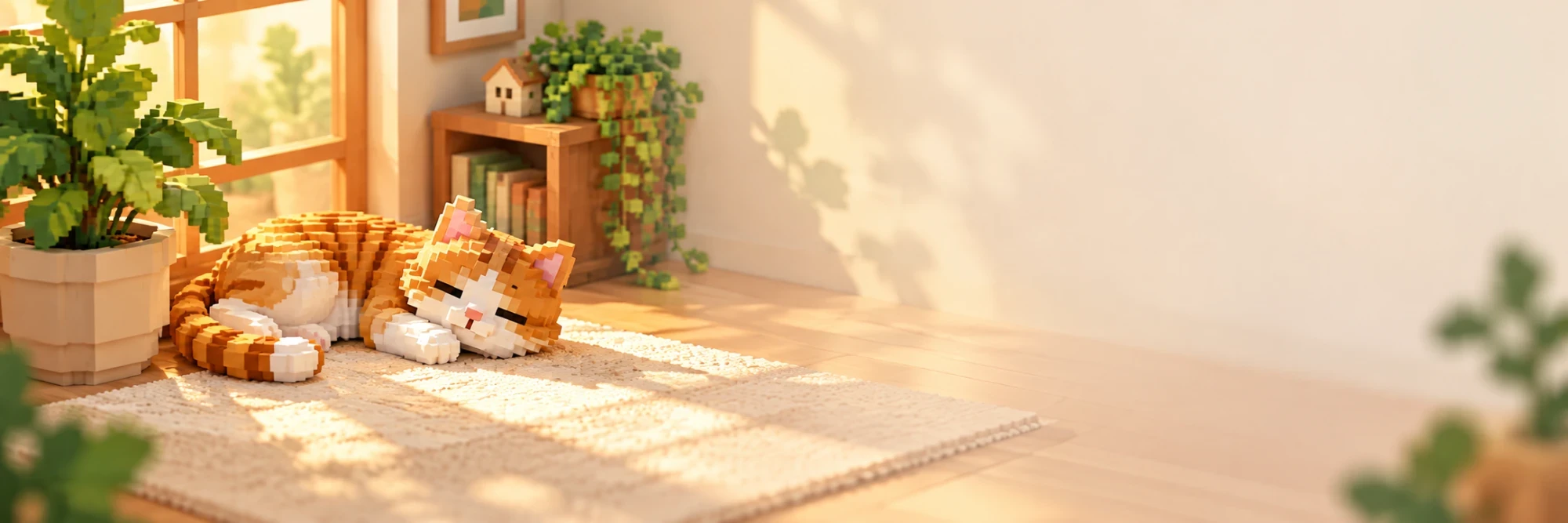 A sleepy orange voxel cat on a sunny rug