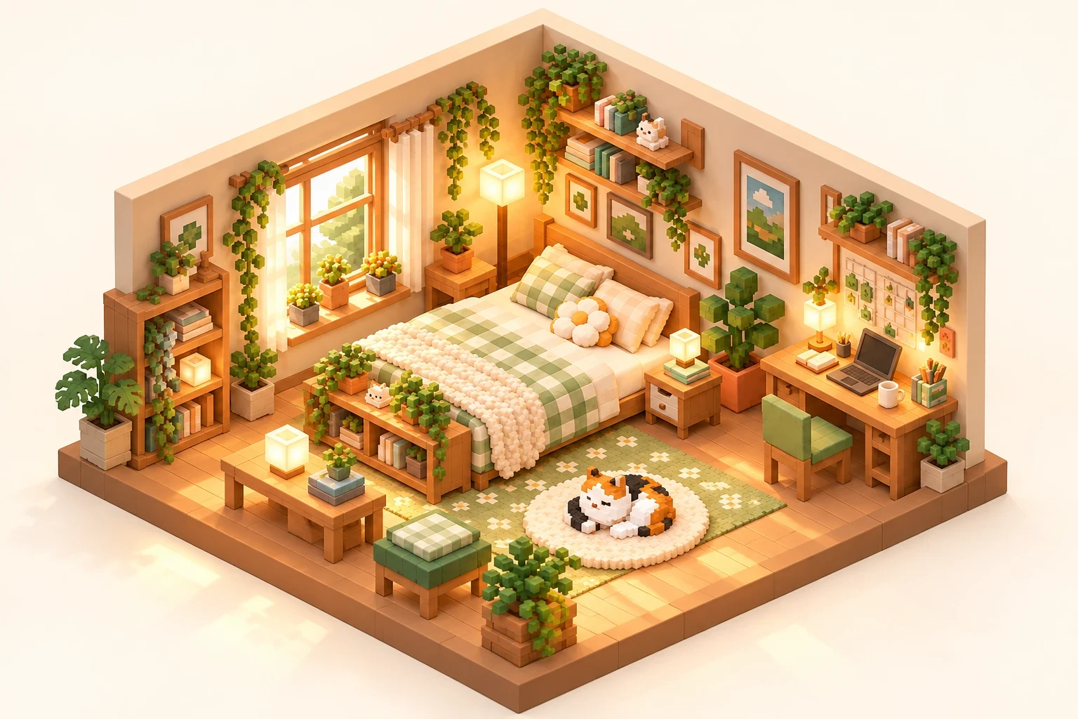 A peaceful voxel bedroom with a green gingham bed and a sleeping cat