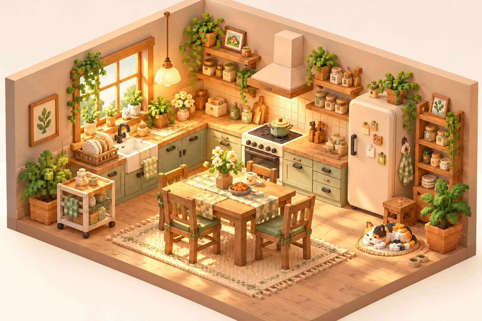 A warm voxel kitchen with a wooden table and plants