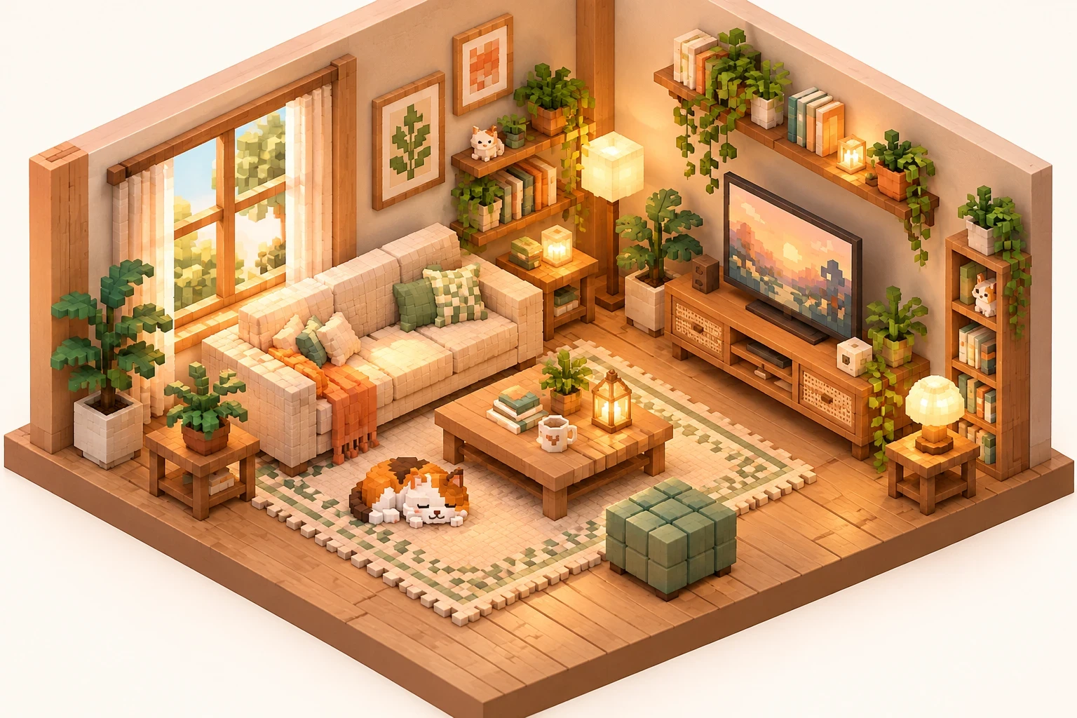 A cosy voxel living room with a sofa, a TV and a sleeping cat