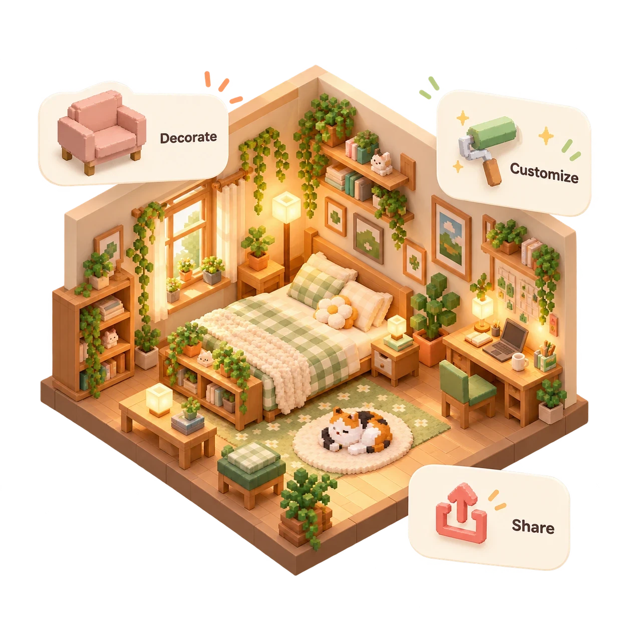 A cosy voxel bedroom with plants, warm lamps and a sleeping cat, surrounded by Decorate, Customize and Share cards