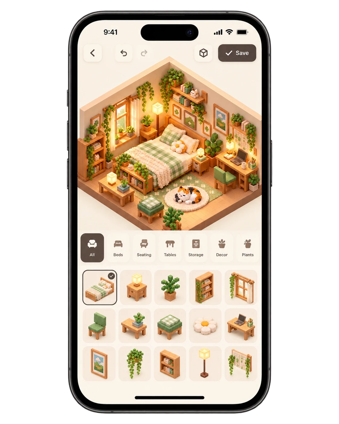 The Homebit room editor on iPhone, showing a bedroom and the furniture picker