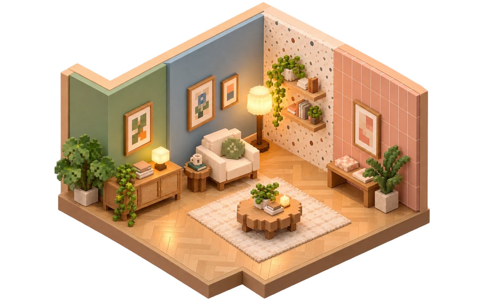 A voxel living room with a green, a blue, a terrazzo and a pink tiled wall
