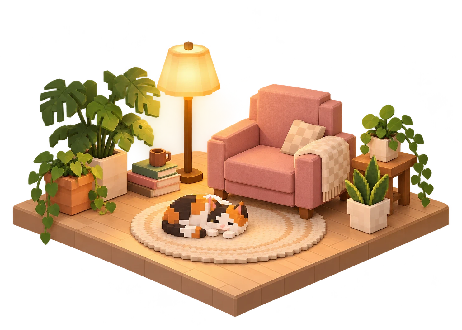 A cosy corner with a pink armchair, a warm lamp, plants and a sleeping cat